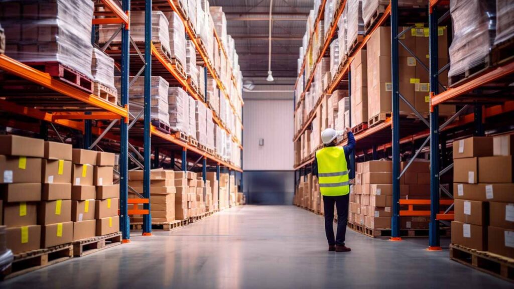 a warehouse with personnel assessing business needs and location considerations